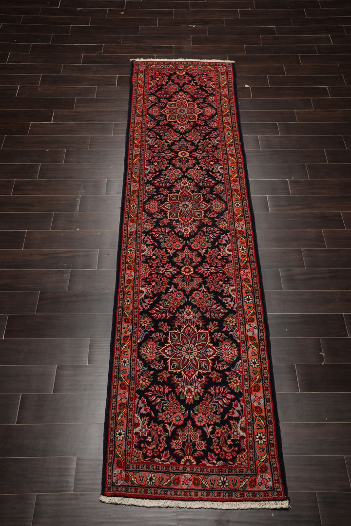 Runner Navy, Orange, Ivory Color Hand Knotted Hamedan Wool Traditional Oriental Rug