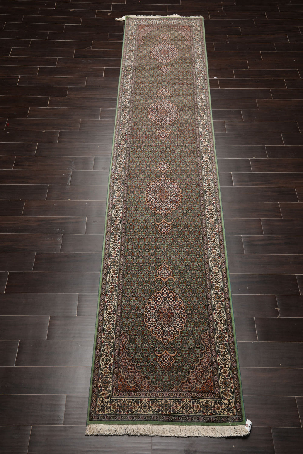 Runner Green, Ivory, Taupe Color Hand Knotted Tabriz Wool & Silk Traditional Oriental Rug