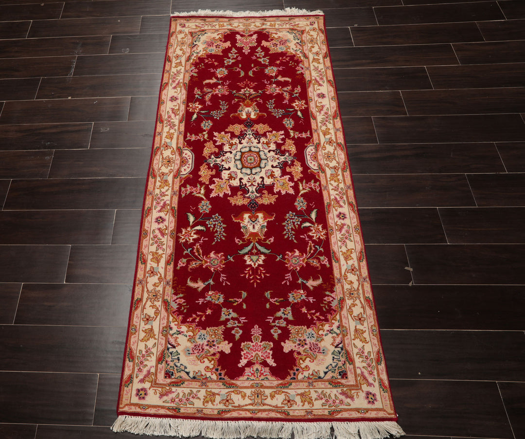 Runner Fuschia, Ivory, Pink Color Hand Knotted Tabriz Wool & Silk Traditional Oriental Rug