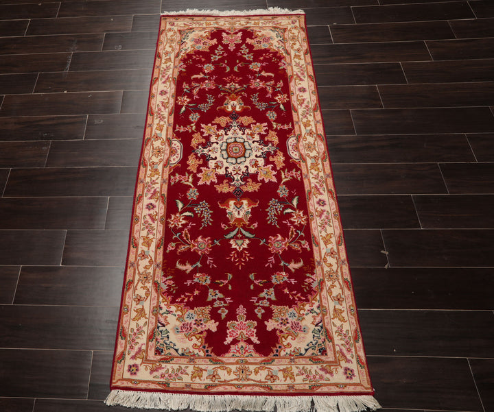 Runner Fuschia, Ivory, Pink Color Hand Knotted Tabriz Wool & Silk Traditional Oriental Rug