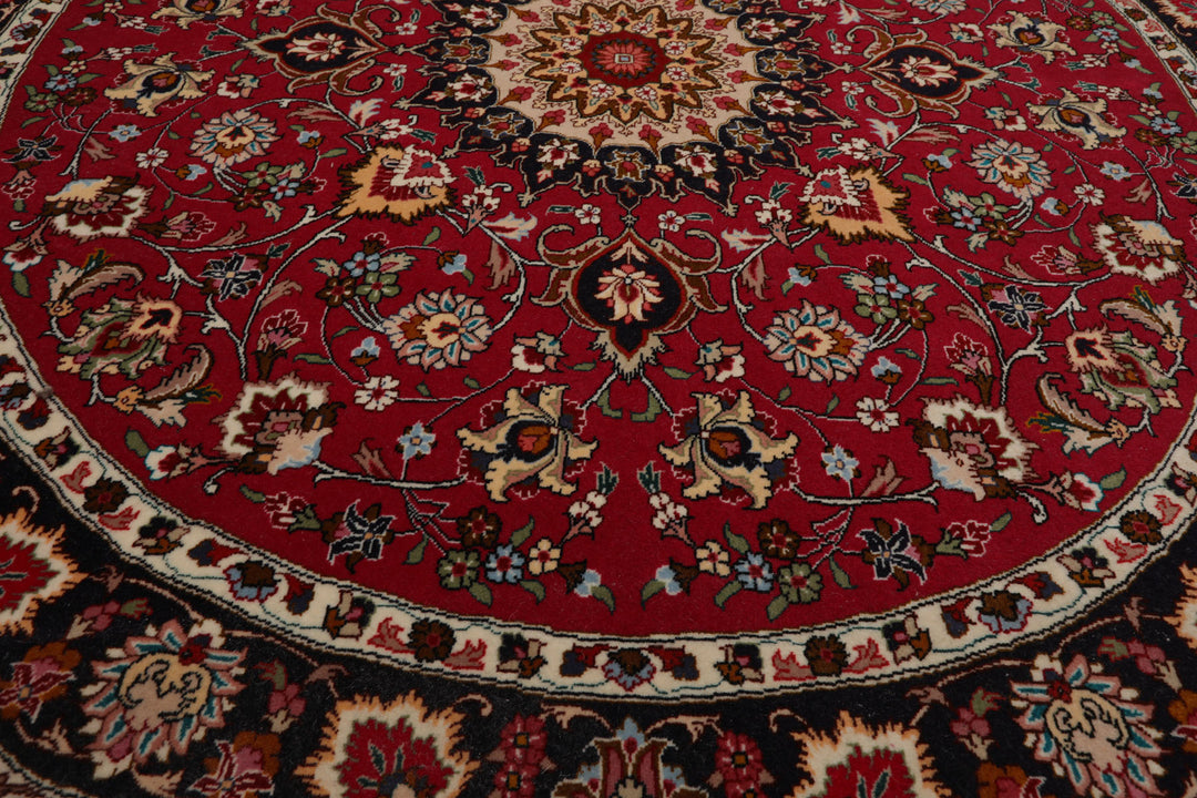 Round Burgundy, Black, Ivory Color Hand Knotted Tabriz Round Wool & Silk Traditional Oriental Rug