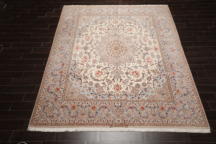8x10 Ivory, Taupe, Navy Color Hand Knotted Isfahan Wool & Silk Traditional Oriental Rug