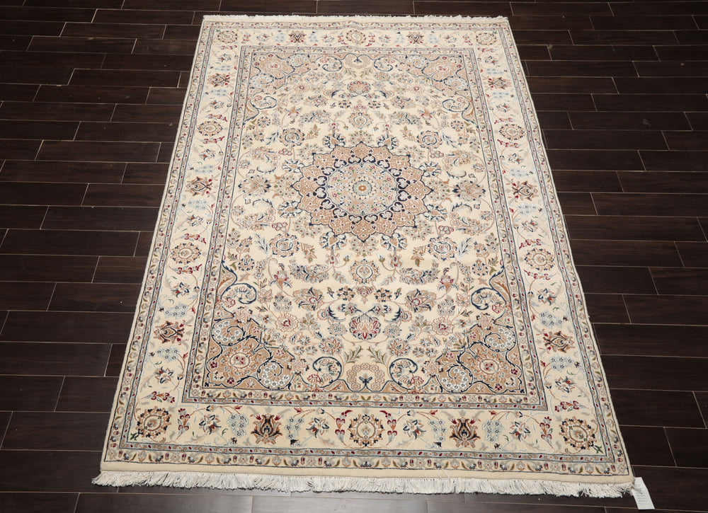 6x9 Ivory, Tan, Navy Color Hand Knotted Nain Wool & Silk Traditional Oriental Rug