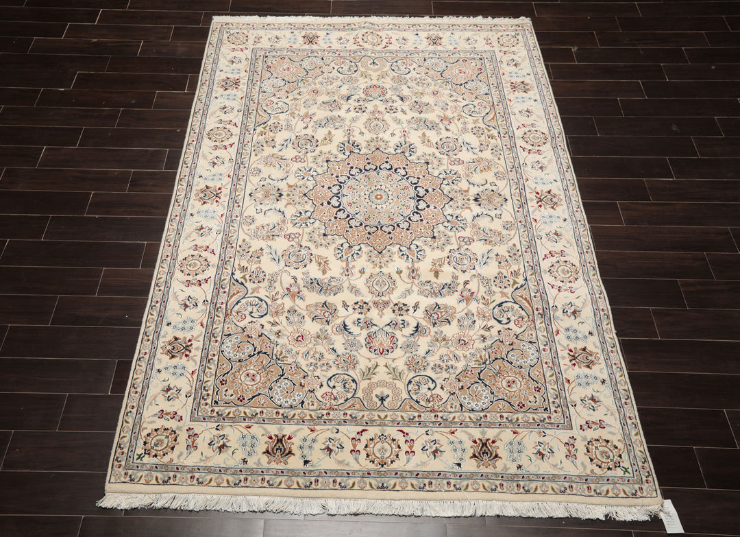 6x9 Ivory, Tan, Navy Color Hand Knotted Nain Wool & Silk Traditional Oriental Rug