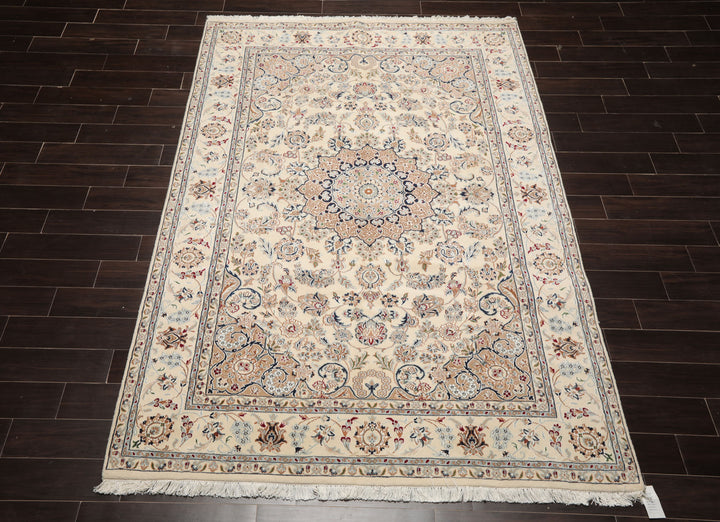 6x9 Ivory, Tan, Navy Color Hand Knotted Nain Wool & Silk Traditional Oriental Rug