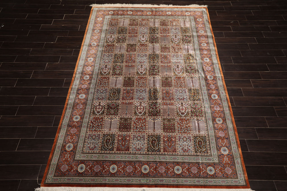 7x10 Caramel, Ivory, Green Color Hand Knotted Qum All Silk Silk Traditional Oriental Rug