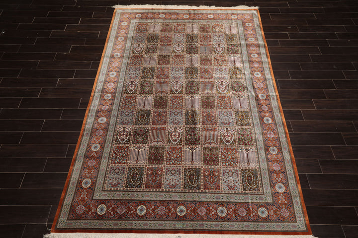7x10 Caramel, Ivory, Green Color Hand Knotted Qum All Silk Silk Traditional Oriental Rug