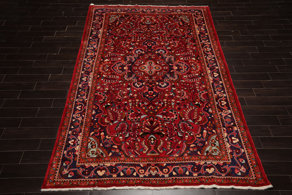 7x11 Red, Navy, Ivory Color Hand Knotted Hamedan Wool Traditional Oriental Rug