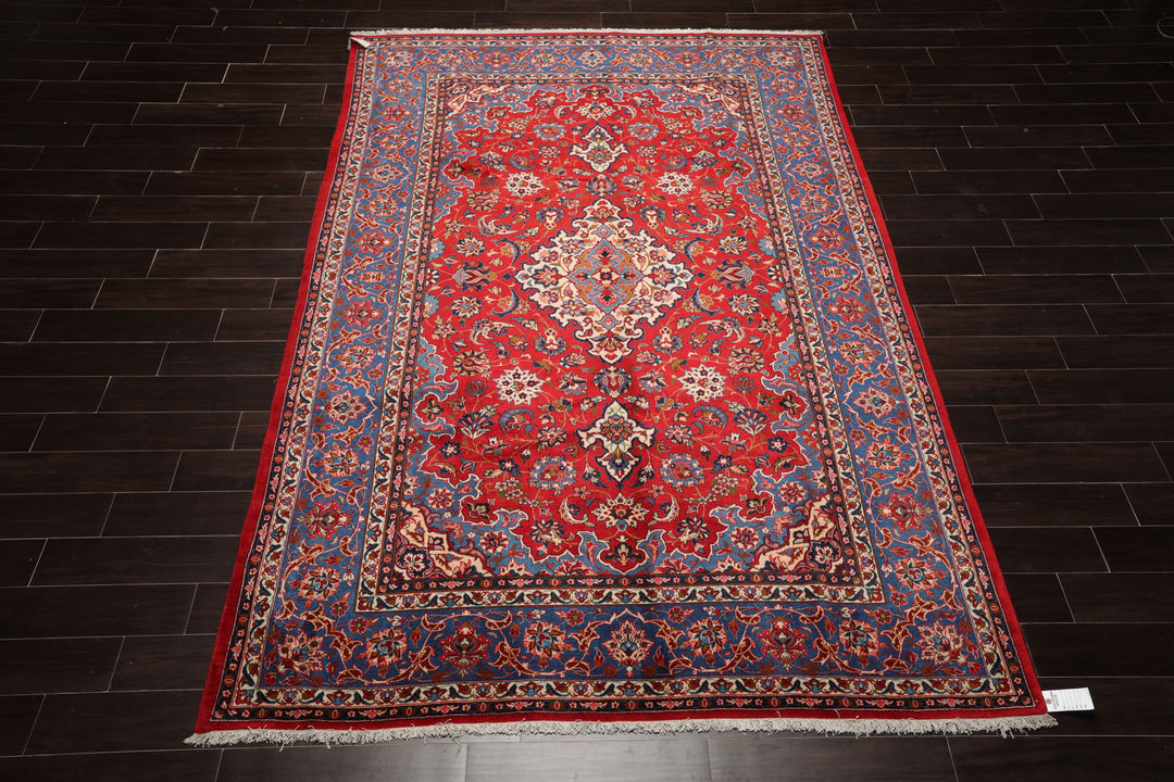7x10 Red, Blue, Navy Color Hand Knotted Isfahan Wool Traditional Oriental Rug