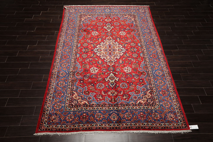 7x10 Red, Blue, Navy Color Hand Knotted Isfahan Wool Traditional Oriental Rug