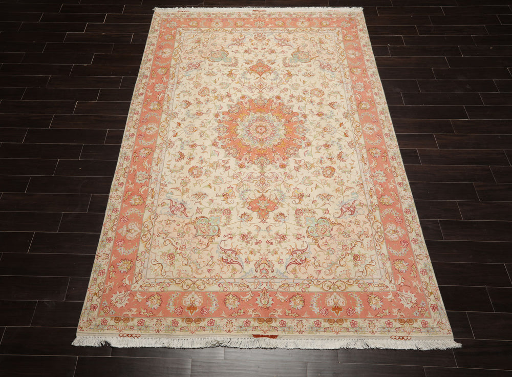 6x10 Ivory, Rose, Lime Color Hand Knotted Tabriz Wool & Silk Traditional Oriental Rug