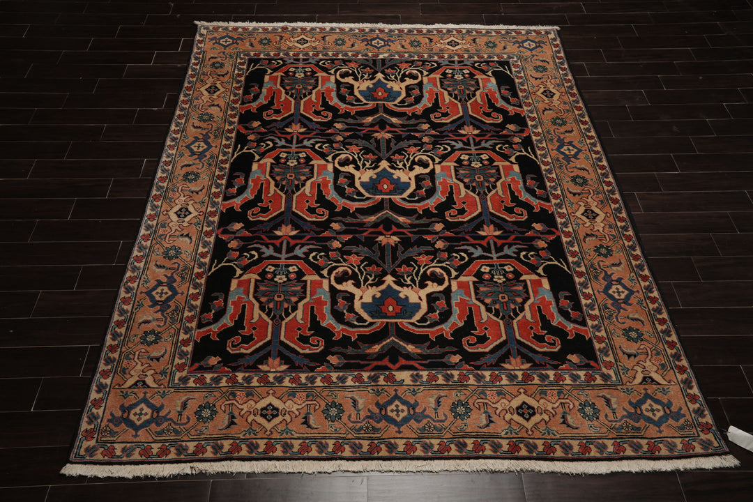 8x9 Charcoal, Coral, Peach Color Hand Knotted Heriz Wool Traditional Oriental Rug