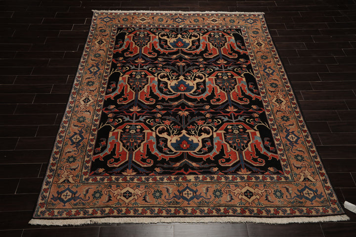8x9 Charcoal, Coral, Peach Color Hand Knotted Heriz Wool Traditional Oriental Rug