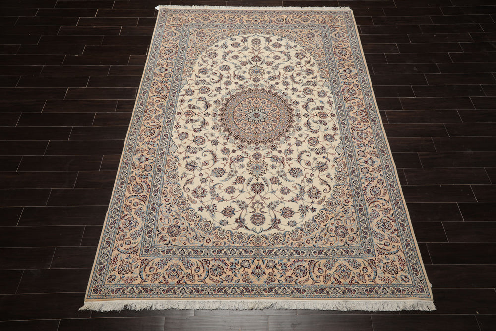 7x10 Ivory, Peach, Blue Color Hand Knotted Nain Wool & Silk Traditional Oriental Rug