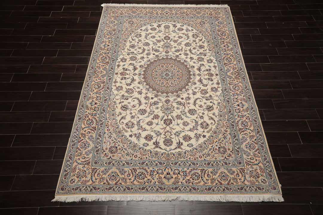 7x10 Ivory, Peach, Blue Color Hand Knotted Nain Wool & Silk Traditional Oriental Rug