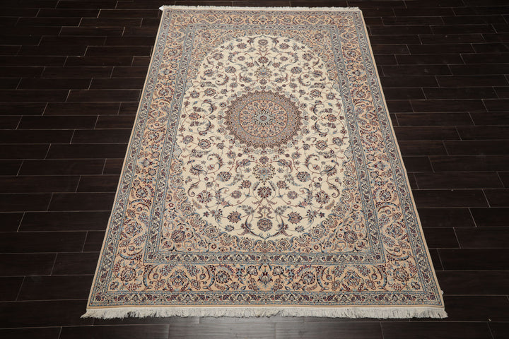 7x10 Ivory, Peach, Blue Color Hand Knotted Nain Wool & Silk Traditional Oriental Rug