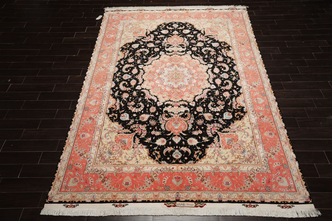8x11 Black, Rose, Ivory Color Hand Knotted Tabriz Wool & Silk Traditional Oriental Rug