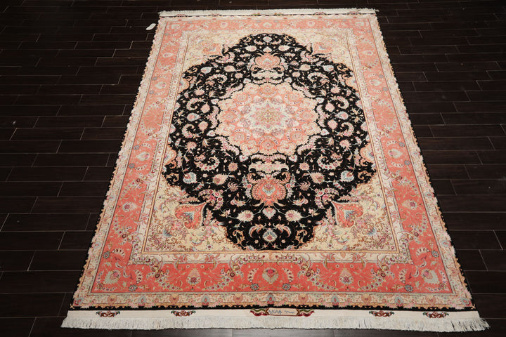 8x11 Black, Rose, Ivory Color Hand Knotted Tabriz Wool & Silk Traditional Oriental Rug