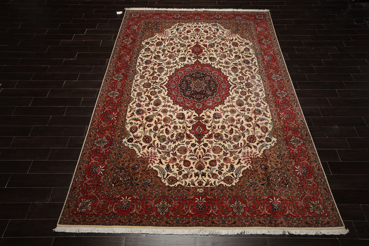 8x12 Ivory, Rose, Tan Color Hand Knotted Tabriz Wool Traditional Oriental Rug