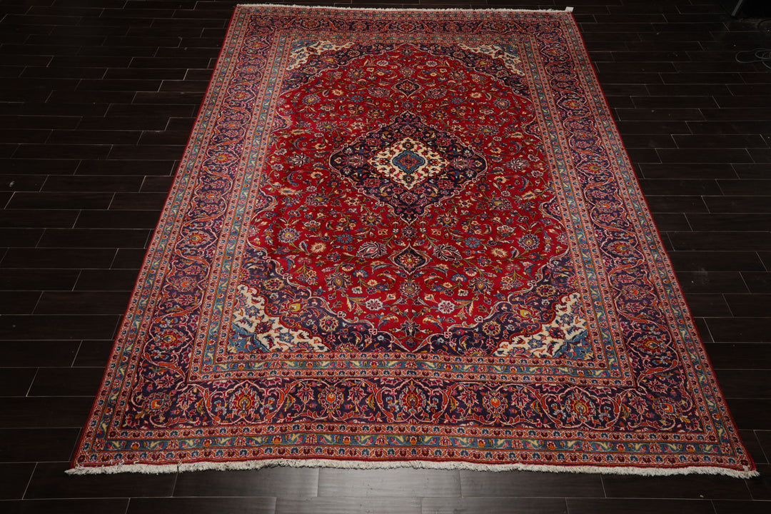 9x13 Red, Indigo, Ivory Color Hand Knotted Kashan Wool Traditional Oriental Rug