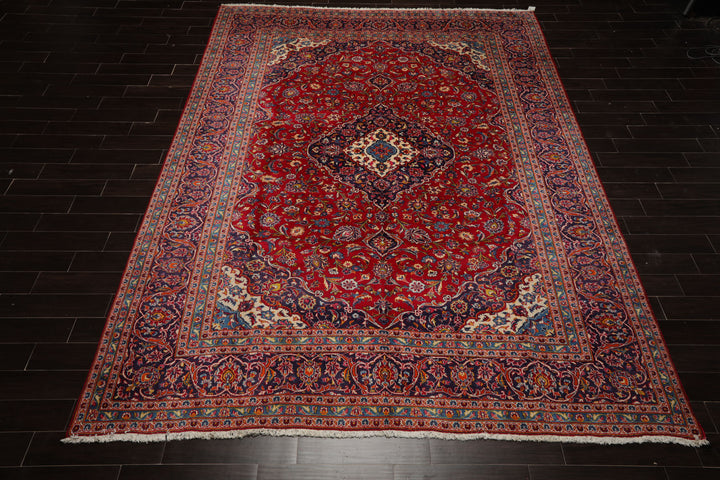 9x13 Red, Indigo, Ivory Color Hand Knotted Kashan Wool Traditional Oriental Rug