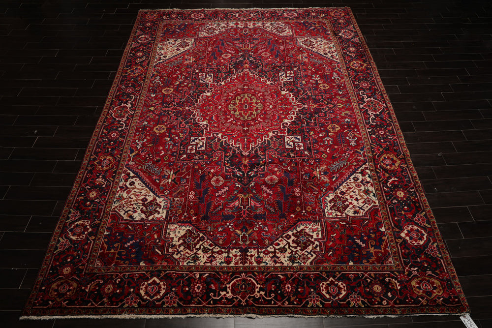 10x13 Red, Navy, Ivory Color Hand Knotted Heriz Wool Traditional Oriental Rug