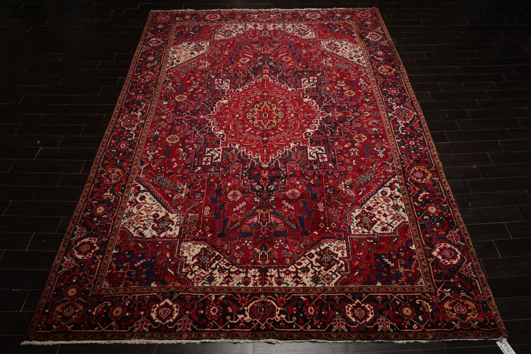 10x13 Red, Navy, Ivory Color Hand Knotted Heriz Wool Traditional Oriental Rug