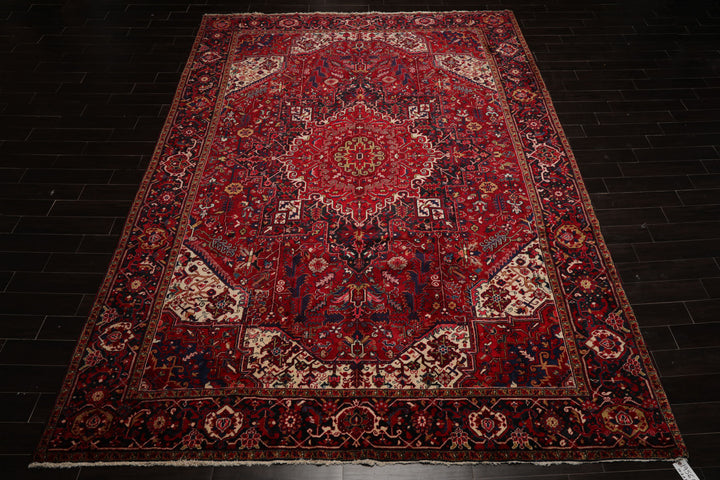 10x13 Red, Navy, Ivory Color Hand Knotted Heriz Wool Traditional Oriental Rug