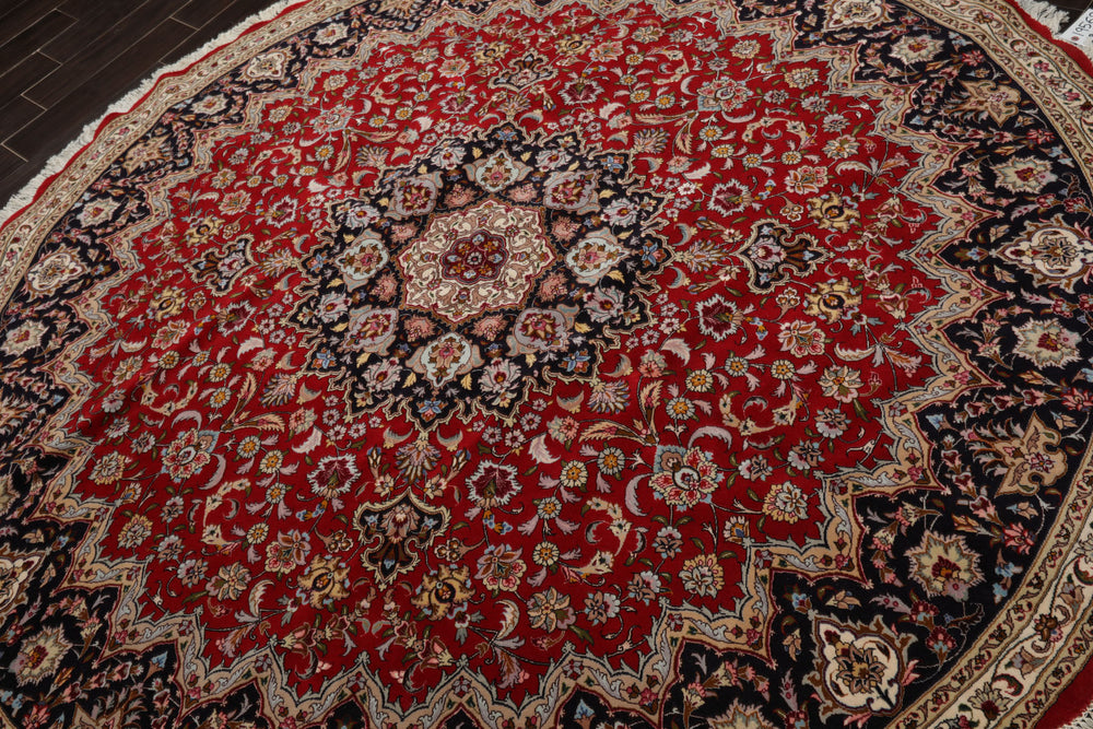 Round Red, Navy, Ivory Color Hand Knotted Tabriz Wool Traditional Oriental Rug