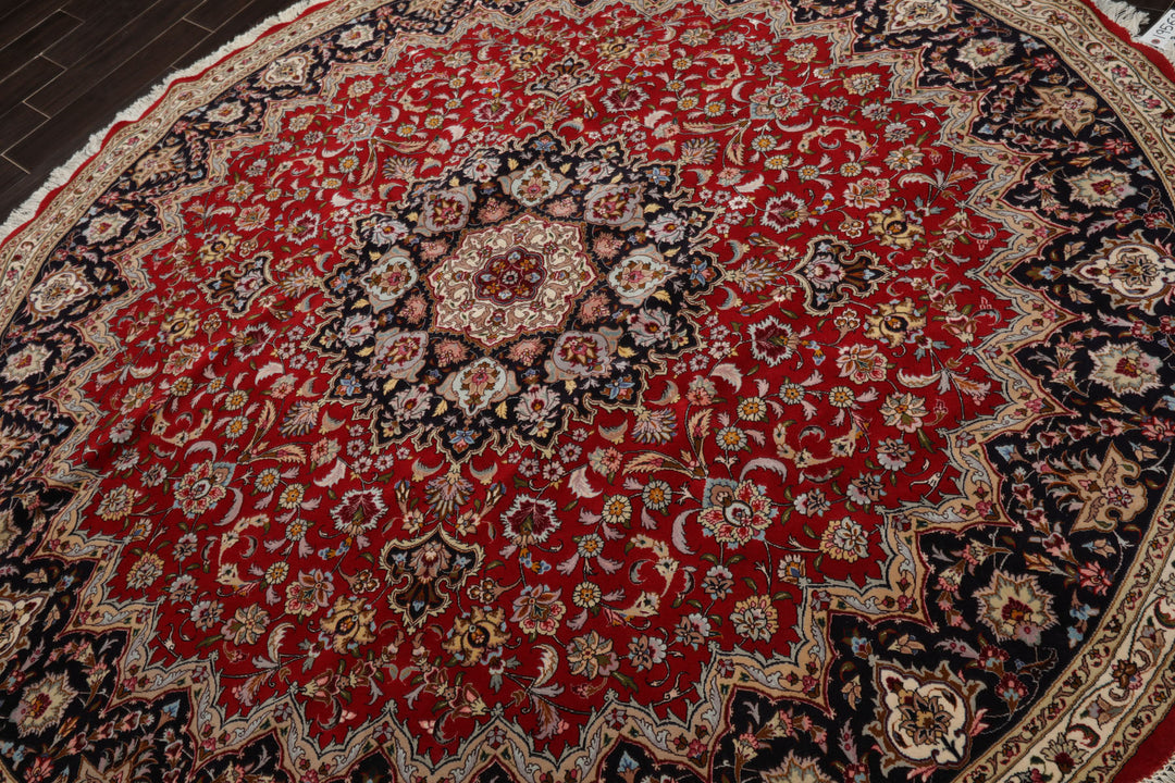 Round Red, Navy, Ivory Color Hand Knotted Tabriz Wool Traditional Oriental Rug