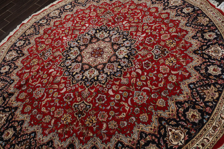Round Red, Navy, Ivory Color Hand Knotted Tabriz Wool Traditional Oriental Rug