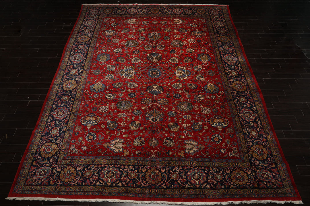 12x16 Red, Orange, Undertone Navy Color Hand Knotted Kerman Wool Traditional Oriental Rug