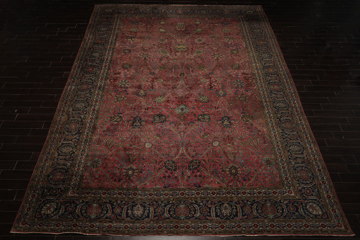 12x17 Antique Rose, Navy, Aqua Color Hand Knotted Antique Sarouk Wool Traditional Oriental Rug
