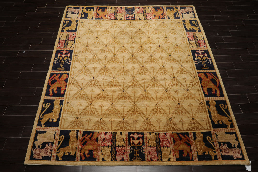 8x10 Beige, Gold, Midnight Blue Color Hand Knotted Tibetan Wool Transitional Oriental Rug