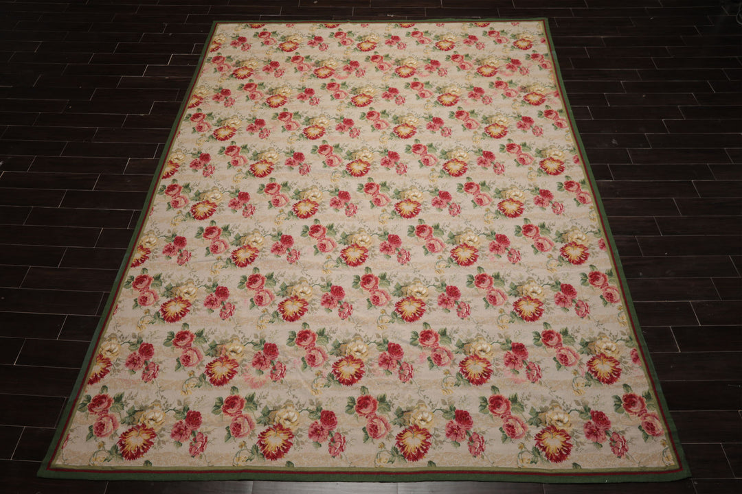 9x12 Ivory, Green, Rose Color Hand Woven French Aubusson Needlepoint Wool Modern Oriental Rug