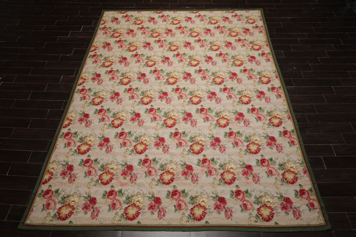 9x12 Ivory, Green, Rose Color Hand Woven French Aubusson Needlepoint Wool Modern Oriental Rug