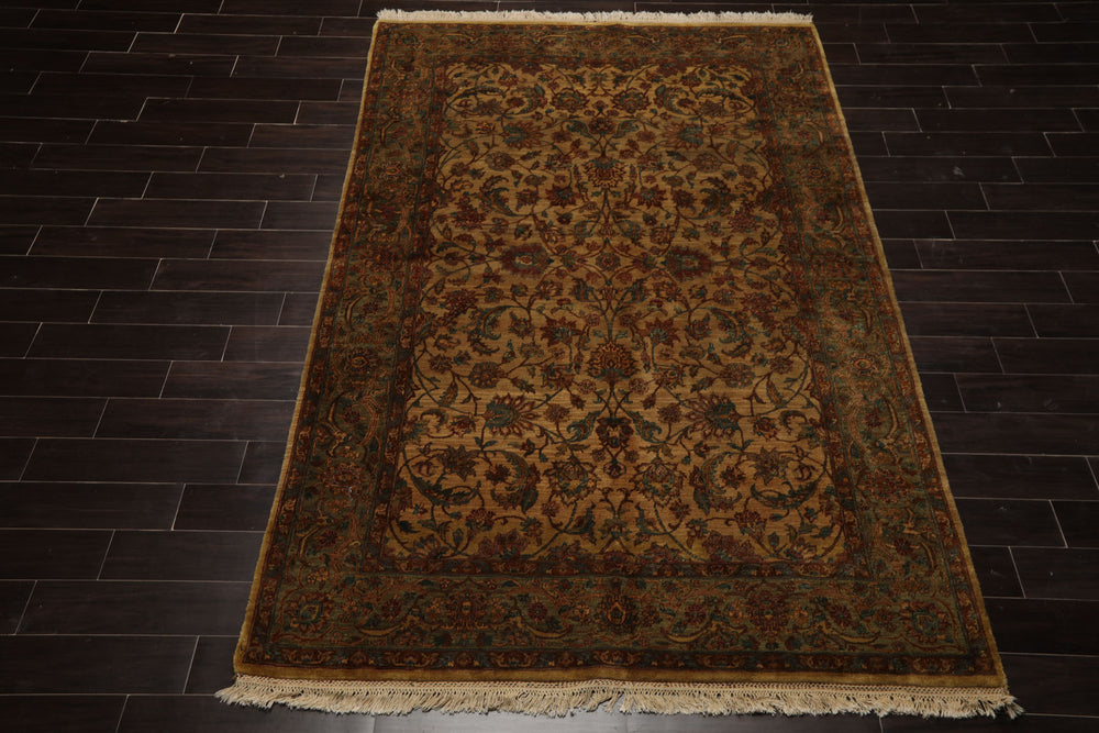 6x9 Gold, Burnt Orange, Sage Color Hand Knotted Agra Wool Botanical Oriental Rug