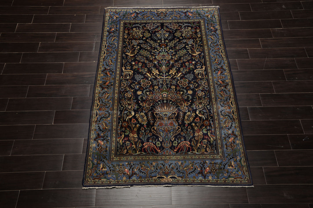 4x7 Navy, Ivory, blue Color Hand Knotted Kashan Wool Traditional Oriental Rug