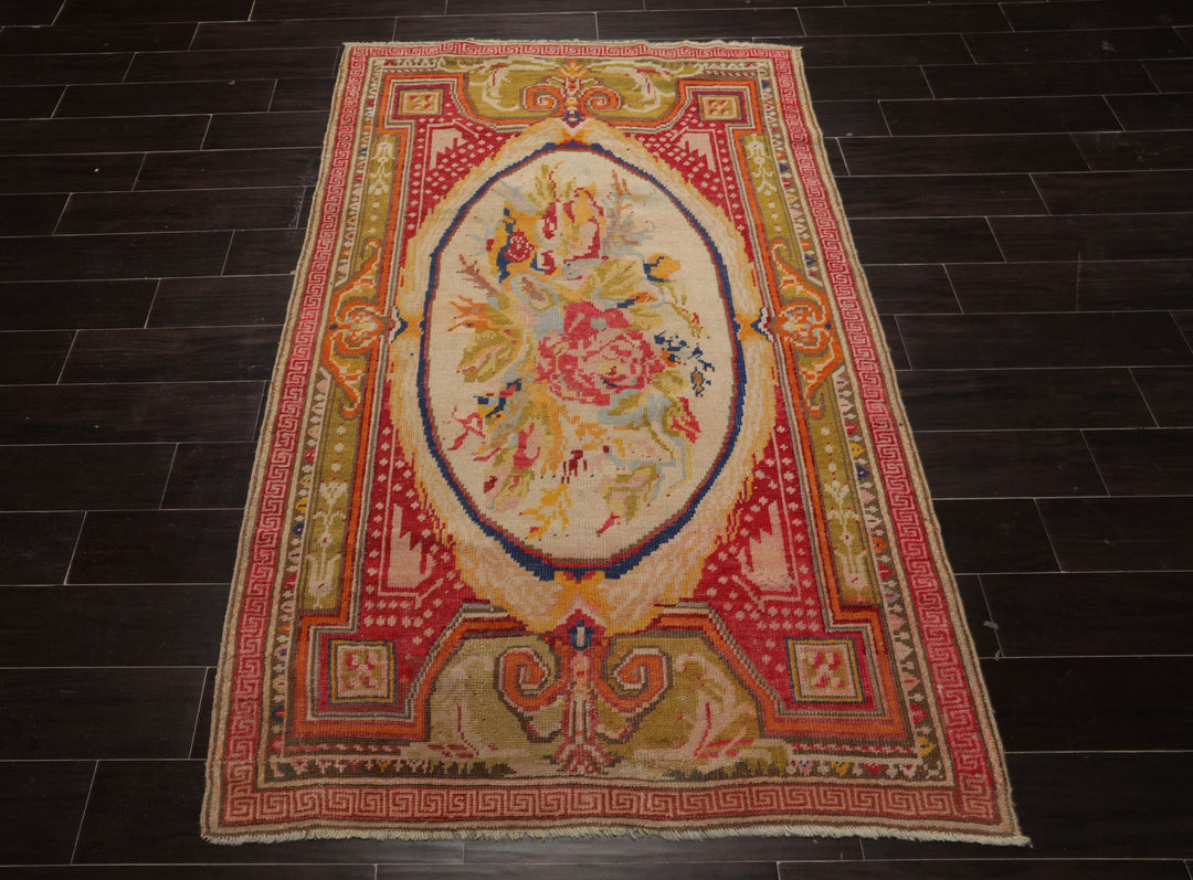 4x6 Ivory, Mint, Coral Color Hand Knotted Antique Oushak Wool Traditional Oriental Rug