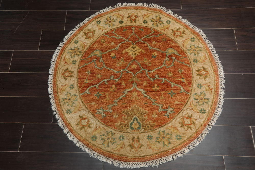 Round Burnt Orange, Beige, Turquoise Color Hand Knotted Agra New Zealand Wool Traditional Oriental Rug