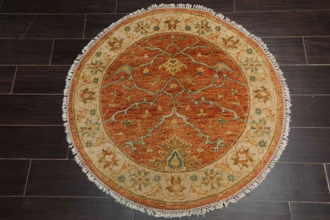 Round Burnt Orange, Beige, Turquoise Color Hand Knotted Agra New Zealand Wool Traditional Oriental Rug