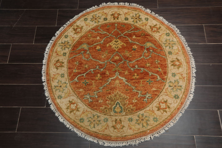 Round Burnt Orange, Beige, Turquoise Color Hand Knotted Agra New Zealand Wool Traditional Oriental Rug