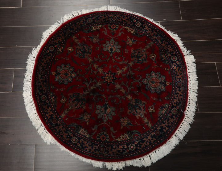 Round Burgundy, Navy, Teal Color Hand Knotted Agra New Zealand Wool Traditional Oriental Rug