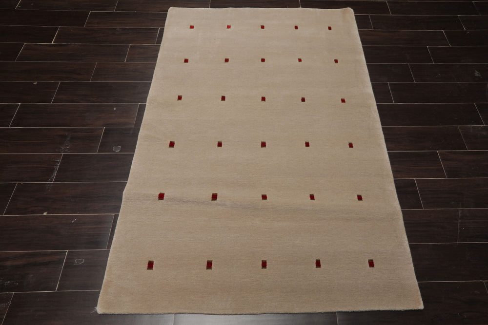 4x6 Beige, Red, Gold Color Hand Knotted Tibetan Wool & Silk Modern & Contemporary Oriental Rug