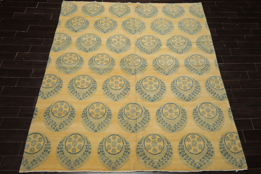 8x9 Light Gold, Mint, Blue Color Hand Knotted Tibetan Wool Transitional Oriental Rug
