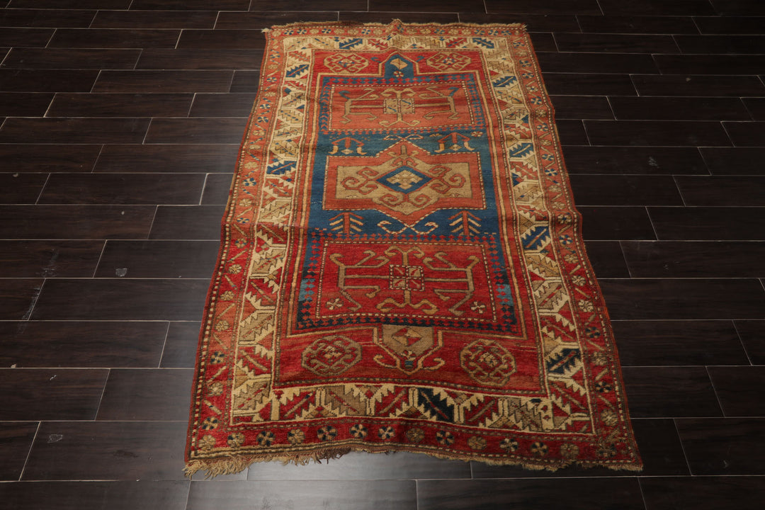 4x6 Rose, Turquoise, Ivory Color Hand Knotted Antique Kazak Wool Traditional Oriental Rug