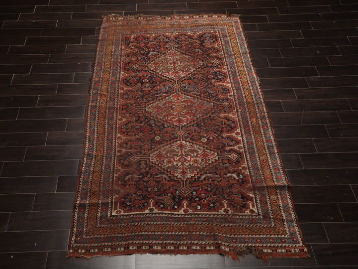 5x9 Charcoal, Beige, Rust Color Hand Knotted Antique Kazak Wool Traditional Oriental Rug