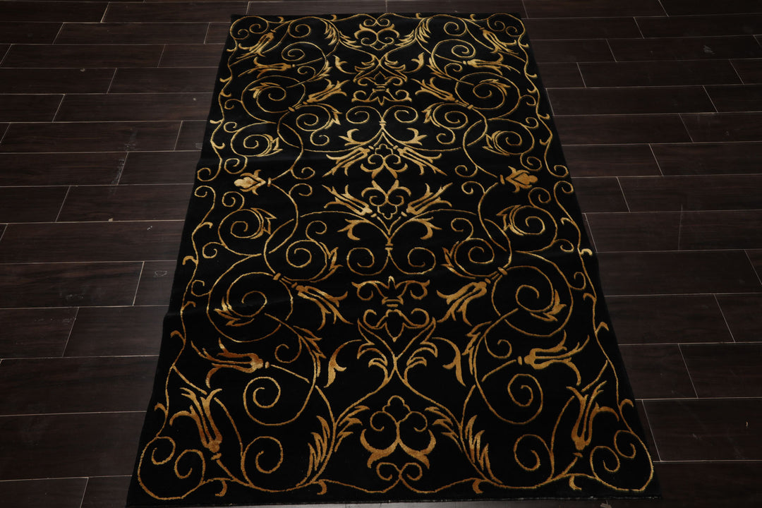 4x6 Black, Gold, Color Hand Knotted Tibetan Wool & Silk Transitional Oriental Rug
