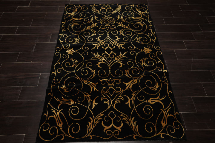 4x6 Black, Gold, Color Hand Knotted Tibetan Wool & Silk Transitional Oriental Rug