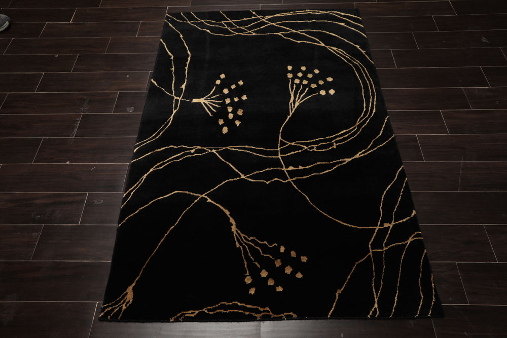 4x6 Black, Gold, Color Hand Knotted Tibetan Wool & Silk Contemporary Oriental Rug